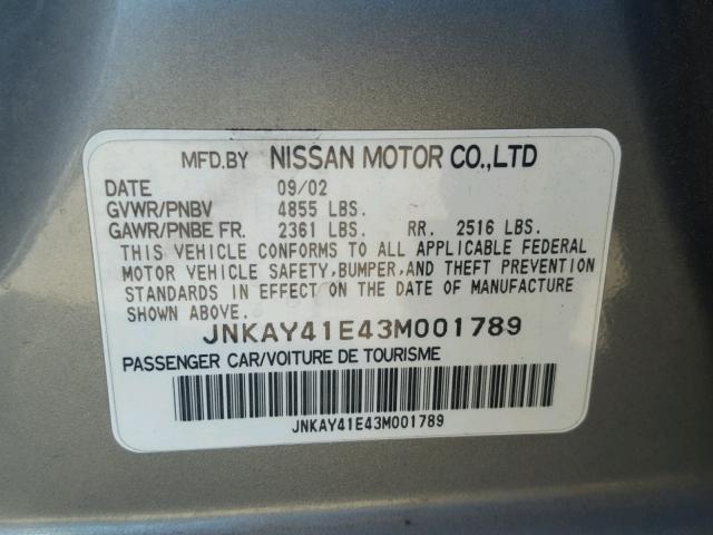 JNKAY41E43M001789 - 2003 INFINITI M45 GRAY photo 10