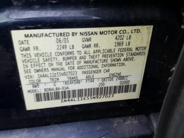 1N4AL11E55N927023 - 2005 NISSAN ALTIMA S BLUE photo 10