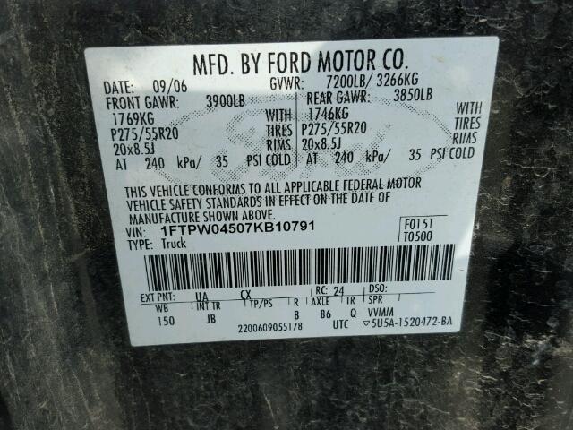 1FTPW04507KB10791 - 2007 FORD F150 BLACK photo 10