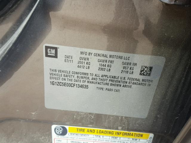1G1ZC5E00CF134635 - 2012 CHEVROLET MALIBU 1LT თაფლისფერი ფოტო 10