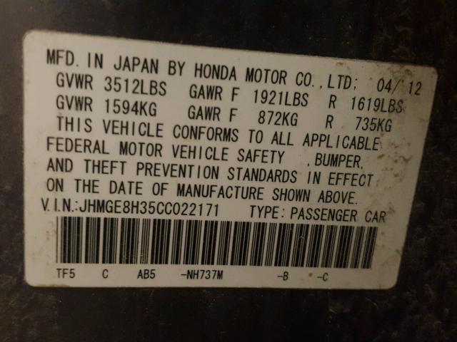 JHMGE8H35CC022171 - 2012 HONDA FIT Gris photo 10