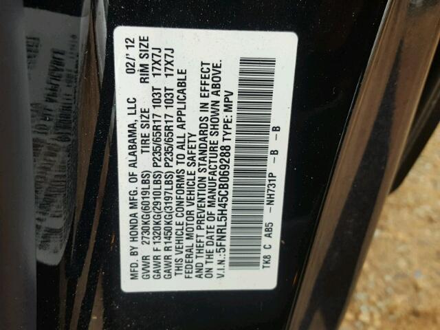 5FNRL5H45CB069288 - 2012 HONDA ODYSSEY EX BLACK photo 10