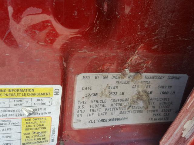 KL1TD5DE3AB066804 - 2010 CHEVROLET AVEO LS BURGUNDY photo 10