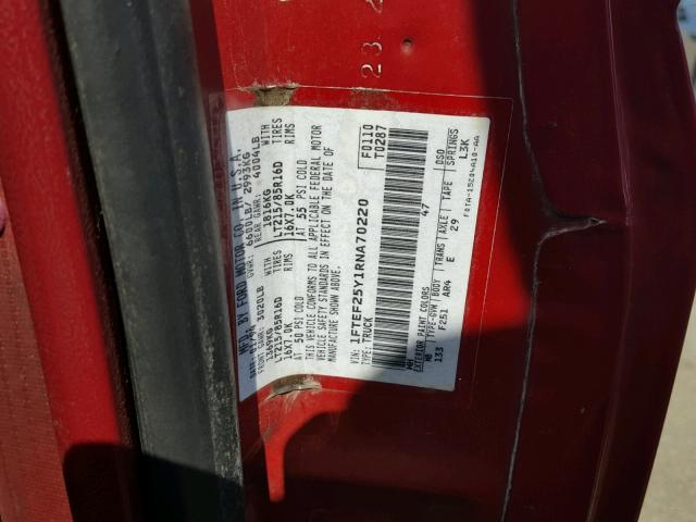 1FTEF25Y1RNA70220 - 1994 FORD F250 RED photo 10