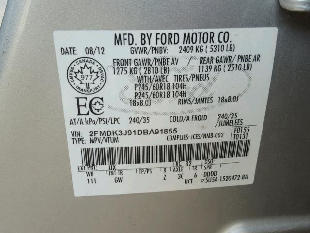 2FMDK3J91DBA91855 - 2013 FORD EDGE SEL SILVER photo 10