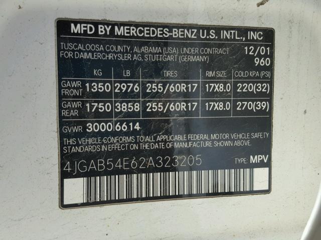 4JGAB54E62A323205 - 2002 MERCEDES-BENZ ML 320 WHITE photo 10