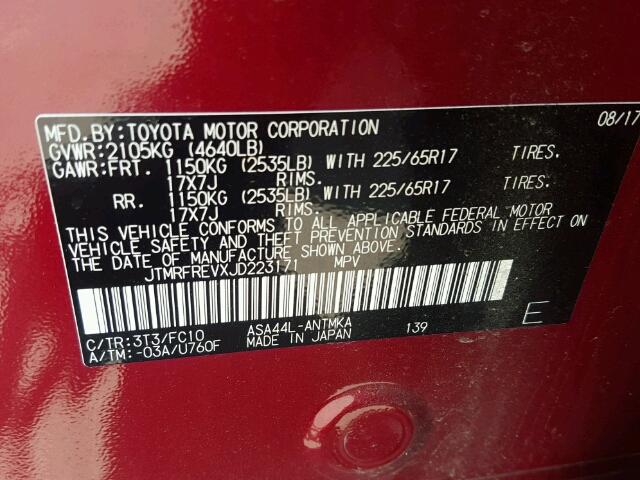 JTMRFREVXJD223171 - 2018 TOYOTA RAV4 ADVEN RED photo 10