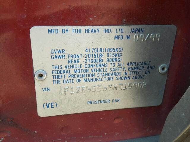 JF1SF6556YH715902 - 2000 SUBARU FORESTER S 红色 照片 10