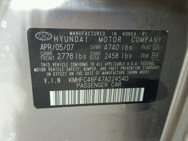 KMHFC46F47A224540 - 2007 HYUNDAI AZERA SE GRAY photo 10