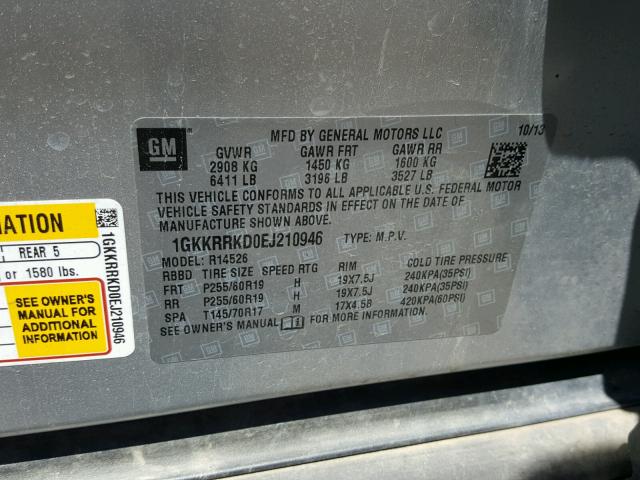 1GKKRRKD0EJ210946 - 2014 GMC ACADIA SLT ნაცრისფერი ფოტო 10