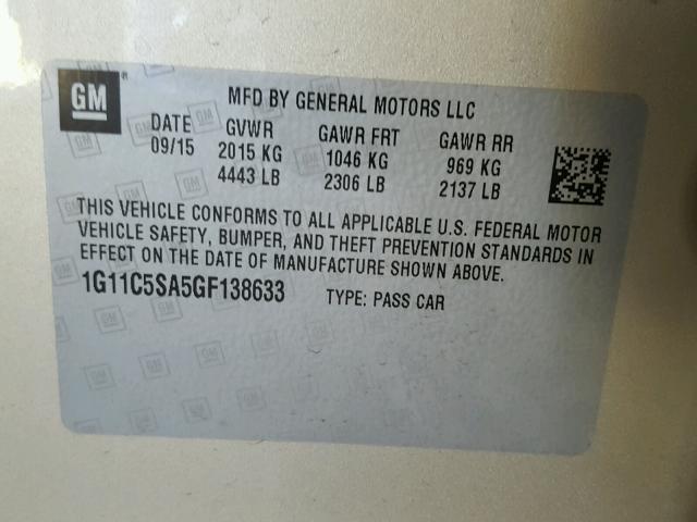 1G11C5SA5GF138633 - 2016 CHEVROLET MALIBU LIM 金色 照片 10