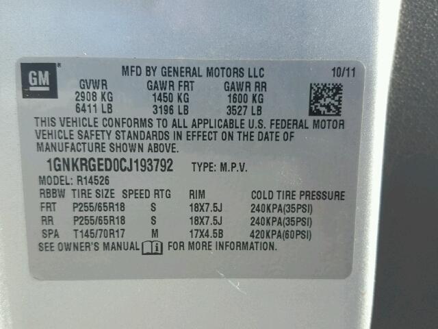 1GNKRGED0CJ193792 - 2012 CHEVROLET TRAVERSE L SILVER photo 10