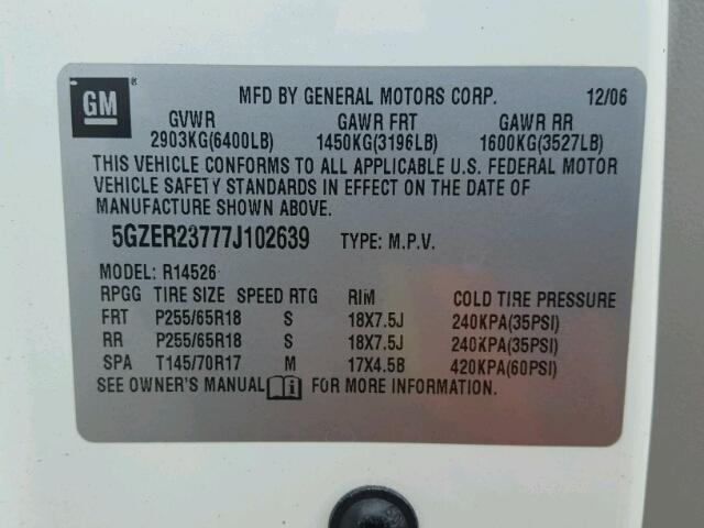 5GZER23777J102639 - 2007 SATURN OUTLOOK XR თეთრი ფოტო 10