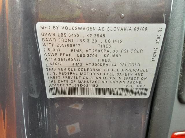 WVGBE77L89D021182 - 2009 VOLKSWAGEN TOUAREG 2 CHARCOAL photo 10