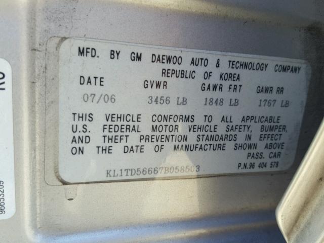 KL1TD56667B058503 - 2007 CHEVROLET AVEO BASE Gümüş foto 10