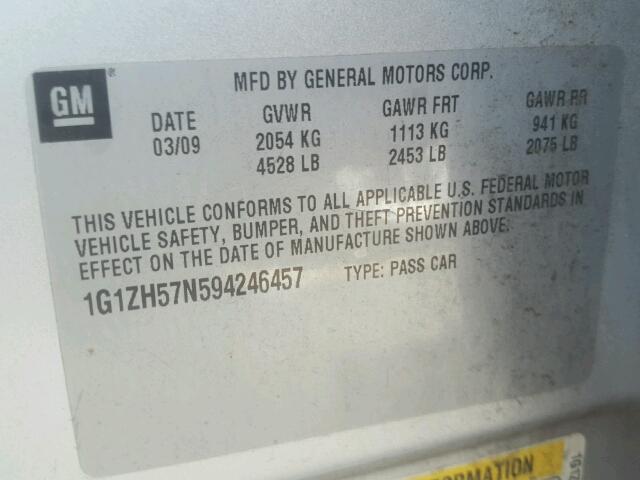 1G1ZH57N594246457 - 2009 CHEVROLET MALIBU 1LT 银色 照片 10