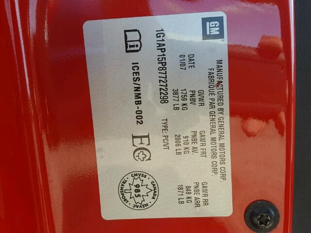 1G1AP15P877272298 - 2007 CHEVROLET COBALT RED photo 10