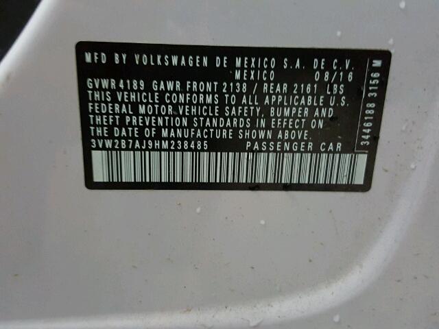 3VW2B7AJ9HM238485 - 2017 VOLKSWAGEN JETTA S 白色 照片 10