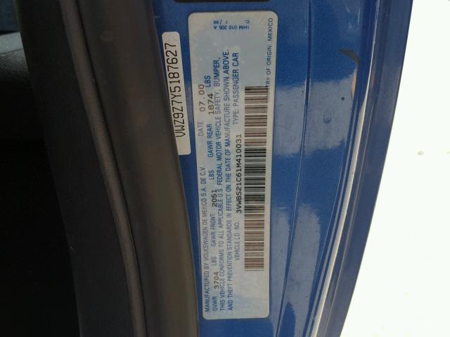 3VWBS21C61M410031 - 2001 VOLKSWAGEN NEW BEETLE ლურჯი ფოტო 10