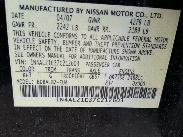 1N4AL21E37C212603 - 2007 NISSAN ALTIMA BLACK photo 10