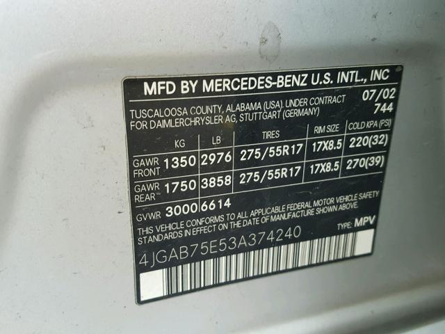 4JGAB75E53A374240 - 2003 MERCEDES-BENZ ML 500 SILVER photo 10