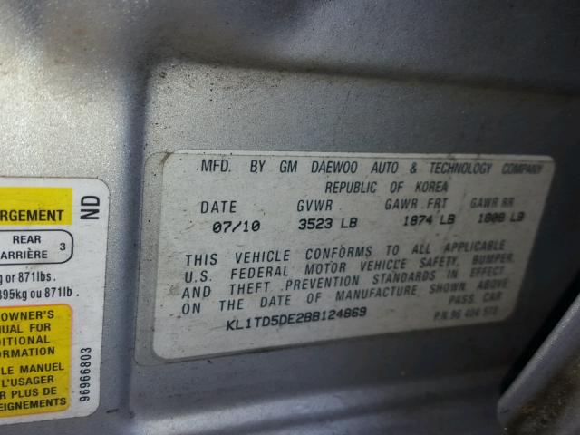 KL1TD5DE2BB124869 - 2011 CHEVROLET AVEO LS SILVER photo 10