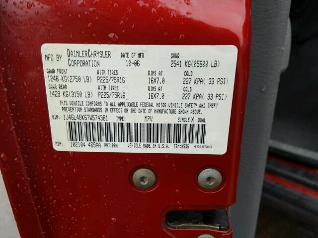 1J4GL48K67W574381 - 2007 JEEP LIBERTY SP RED photo 10