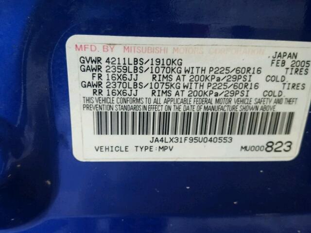 JA4LX31F95U040553 - 2005 MITSUBISHI OUTLANDER BLUE photo 10