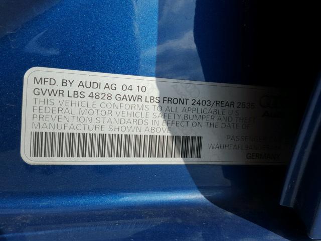 WAUHFAFL9AN065648 - 2010 AUDI A4 PREMIUM BLUE photo 10