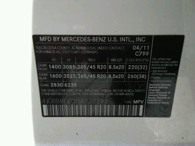 4JGBB8GB3BA723293 - 2011 MERCEDES-BENZ ML 350 4MA WHITE photo 10