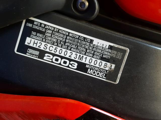 JH2SC50023M100084 - 2003 HONDA CBR900 RR RED photo 10