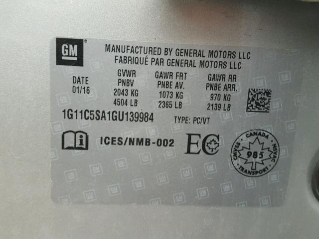 1G11C5SA1GU139984 - 2016 CHEVROLET MALIBU LIM 银色 照片 10