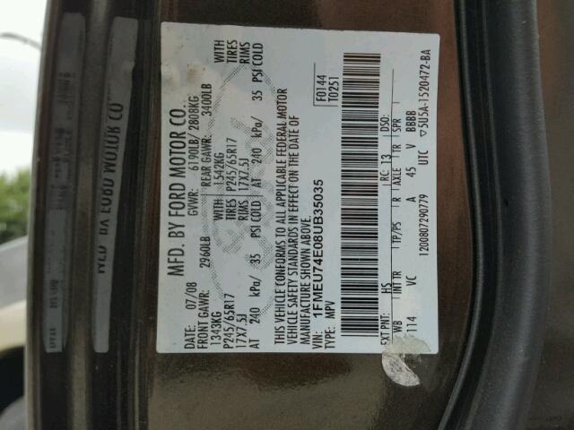 1FMEU74E08UB35035 - 2008 FORD EXPLORER E ყავისფერი ფოტო 10