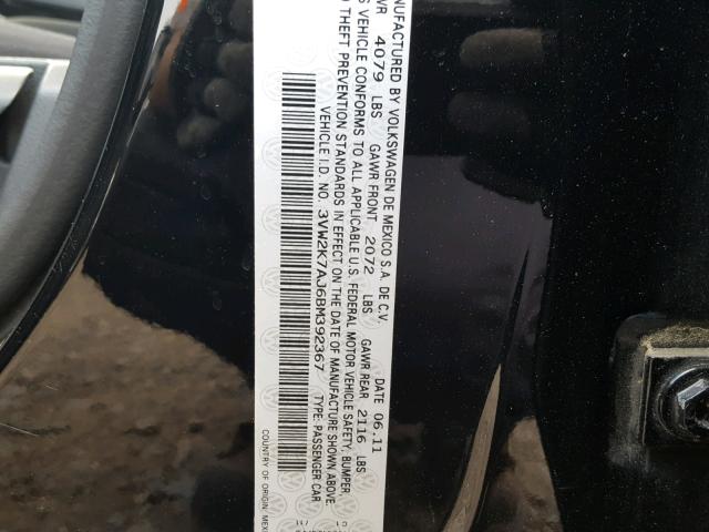 3VW2K7AJ6BM392367 - 2011 VOLKSWAGEN JETTA BASE Սև լուսանկար 10