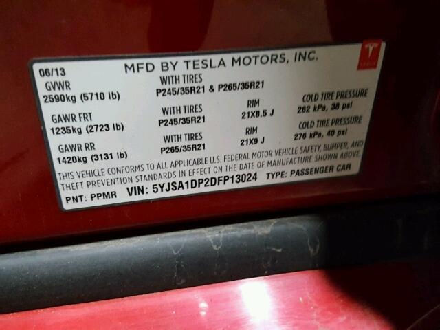 5YJSA1DP2DFP13024 - 2013 TESLA MODEL S RED photo 10