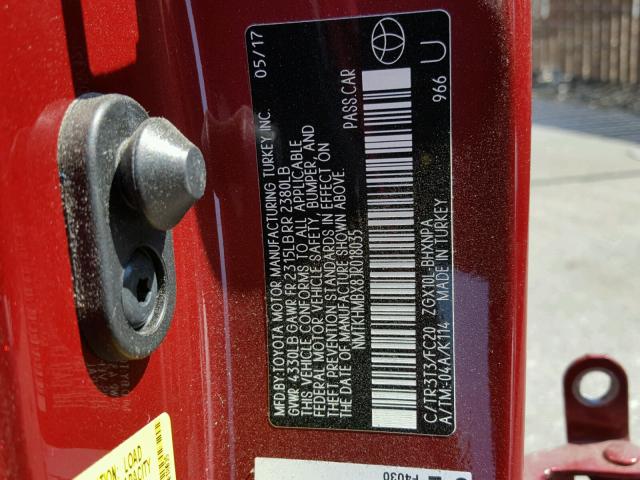 NMTKHMBX8JR018035 - 2018 TOYOTA C-HR XLE RED photo 10