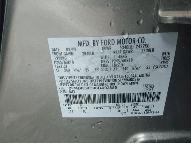 2FMDK39C98BA92855 - 2008 FORD EDGE Gri fotoğraf 10