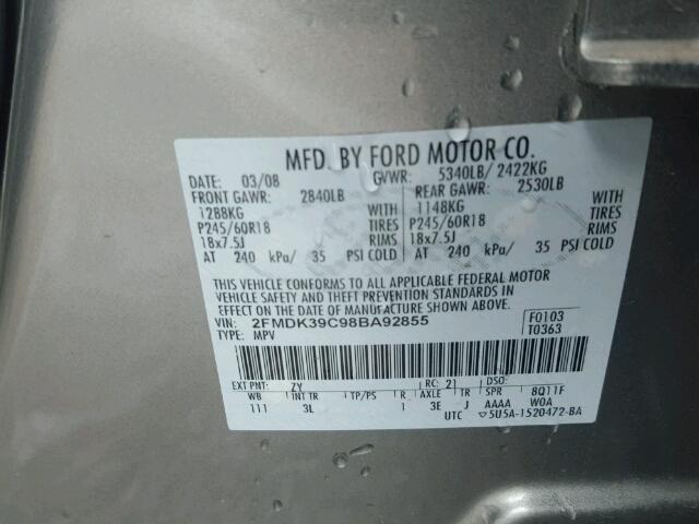 2FMDK39C98BA92855 - 2008 FORD EDGE GRAY photo 10