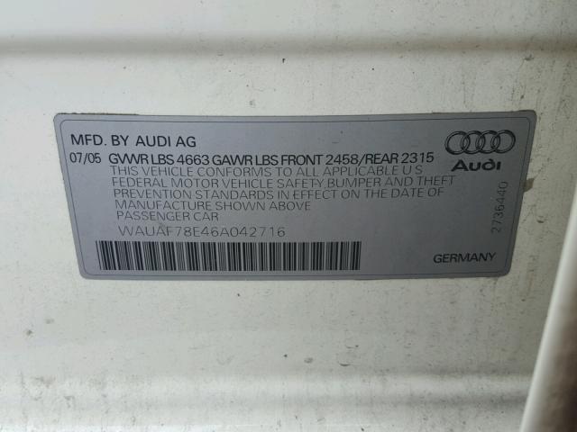 WAUAF78E46A042716 - 2006 AUDI A4 2 WHITE photo 10