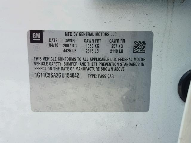 1G11C5SA2GU154042 - 2016 CHEVROLET MALIBU LIM 白色 照片 10