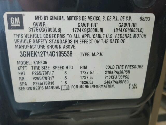 3GNEK12T14G105538 - 2004 CHEVROLET AVALANCHE BLACK photo 10