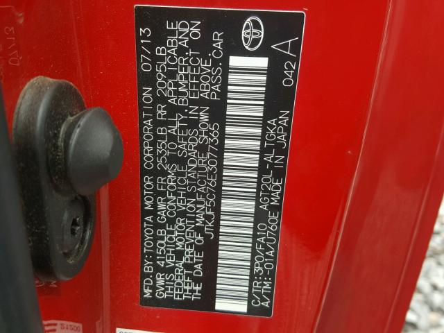 JTKJF5C76E3077365 - 2014 TOYOTA SCION TC 红色 照片 10