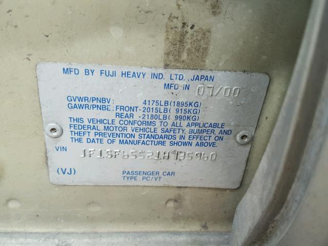 JF1SF65521H735960 - 2001 SUBARU FORESTER S GREEN photo 10