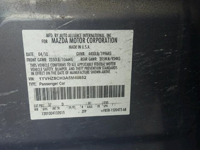 1YVHZ8CH3A5M40852 - 2010 MAZDA 6 I Gris foto 10