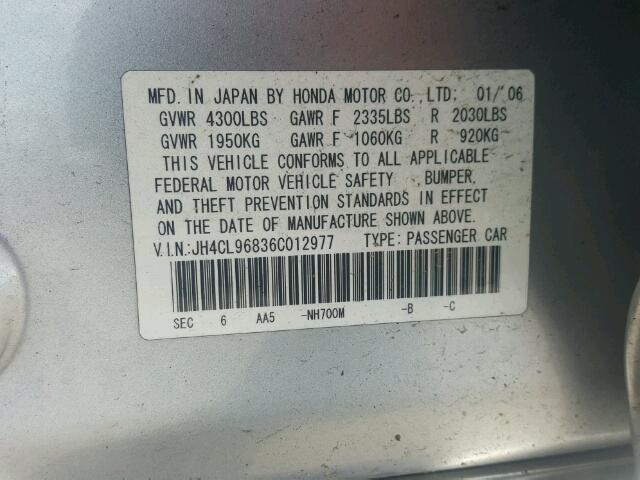 JH4CL96836C012977 - 2006 ACURA TSX SILVER photo 10