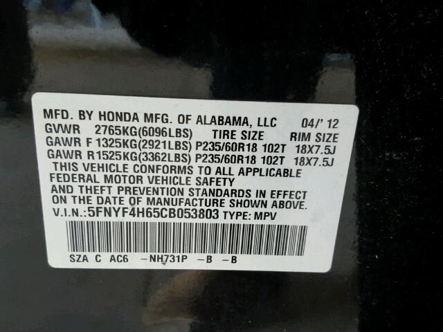 5FNYF4H65CB053803 - 2012 HONDA PILOT EXL BLACK photo 10