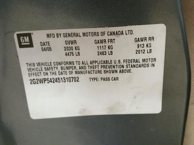 2G2WP542451310702 - 2005 PONTIAC GRAND PRIX GRAY photo 10