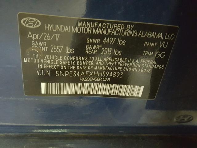 5NPE34AFXHH594893 - 2017 HYUNDAI SONATA SPO BLUE photo 10