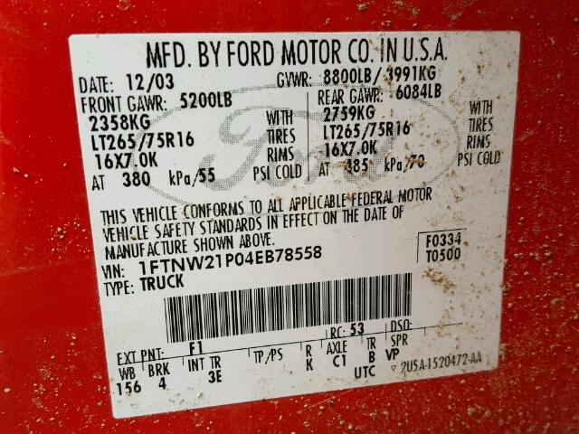 1FTNW21P04EB78558 - 2004 FORD F250 SUPER RED photo 10