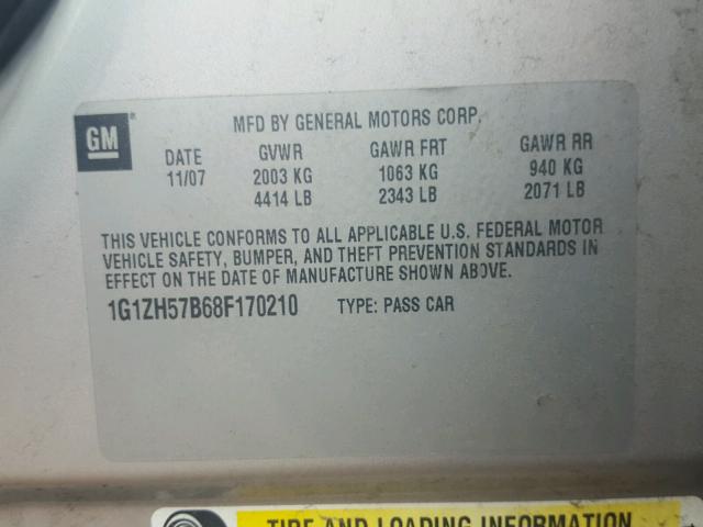 1G1ZH57B68F170210 - 2008 CHEVROLET MALIBU 1LT SILVER photo 10